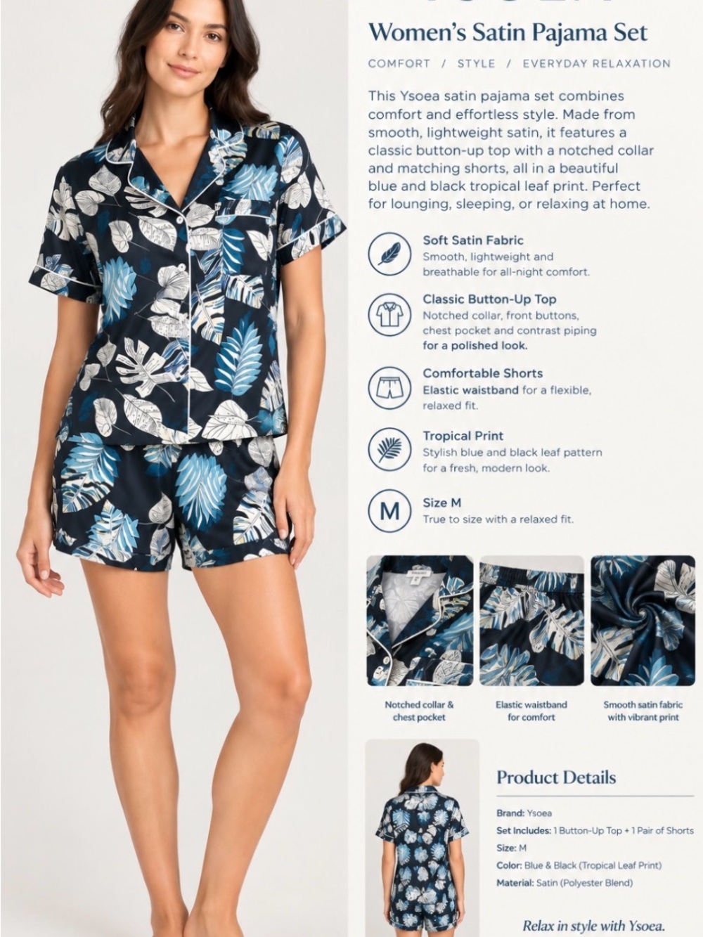 Ysoea blue and black satin pajama set Size M